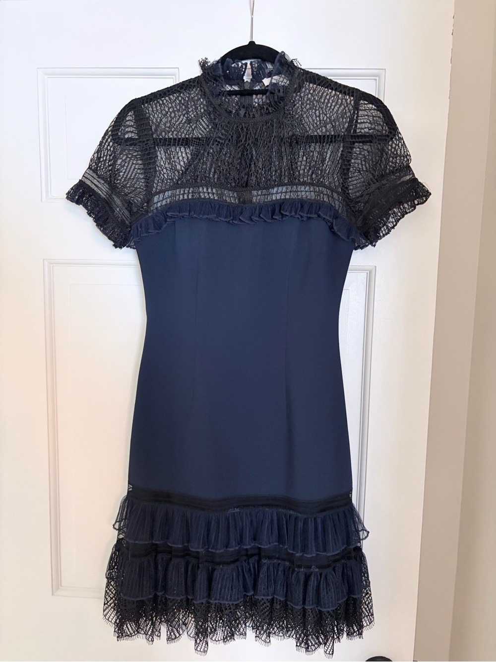 Jonathan Simkhai Blue Tulle Crepe Black Lace Ruffle Mini Dress